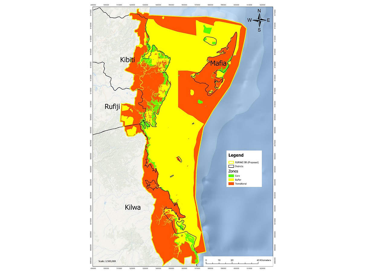 Karte des „Rufiji-Mafia-Kilwa Man & Biosphere (MAB)“-Reservat © WWF Tansania