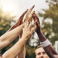 Basketball, winner and hands, team high five for outdoor game. Success, diversity and victory goal for sports for men. Teamwork, diversity and support, friends on basketball court together with coach